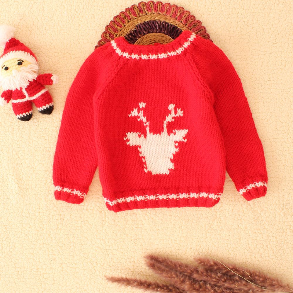 Red &White With A Brown Bear Face Emboidery Sweater.